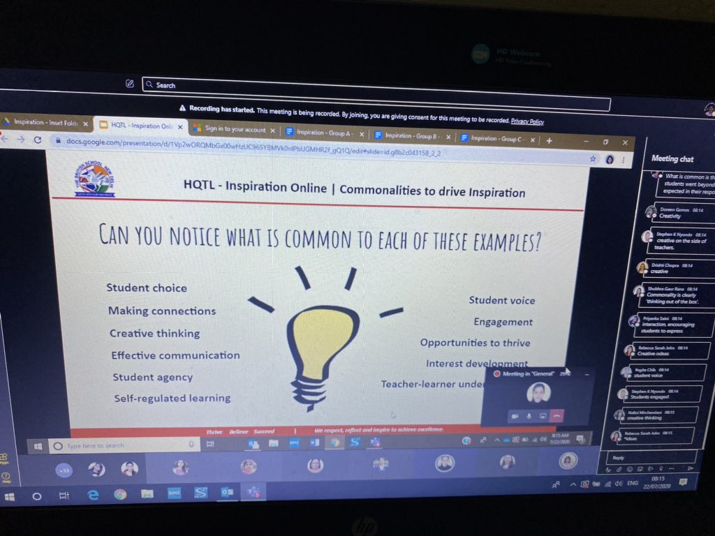 sneh_wadhwaney's tweet photo. Day 2 of the online teaching #TBSINSET2020 : excellent sessions on #HQTL run by colleagues. I attended the Inspiration online session, a thought-provoking hour on #resilience by @simonmann01 and learned about the fantastic work by the #PLC on community service across @TBS_Delhi! https://t.co/Hjapgf6XrI