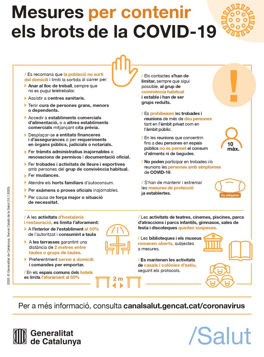 icscat's tweet photo. #Sabiesque estan prohibides les trobades i reunions de més de 10 persones a Barcelona, diferents municipis de l'àrea Metropolitana, la Noguera i el Segrià? Aconseguim entre tots frenar els rebrots! Segueix les mesures! https://t.co/PnPpnWtkLd