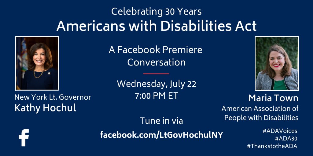 ‪Don't miss out on this conversation with Maria Town of the American Association of People with Disabilities. We will discuss the 30th anniversary of the Americans with Disabilities Act, reflecting on how far we’ve come in expanding #DisabilityRights - but also how far we still need to go.

‪Watch it premiere at 7PM ET tonight on Facebook: www.facebook.com/LtGovHochulNY‬