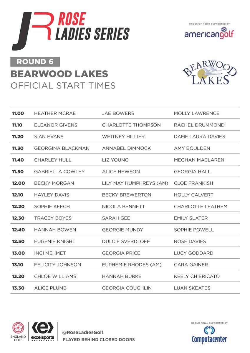 Here's the Tee Times for tomorrow at <a href="/bearwoodlakes/">BEARWOODLAKES</a>! We can't wait to showcase more amazing Live Scoring action from @golfgenius_emea plus you'll be able to watch highlights next Wednesday on <a href="/SkySportsGolf/">Sky Sports Golf</a>.  @americangolf_UK @ComputacenterUK <a href="/JustinRose99/">Justin ROSE</a>