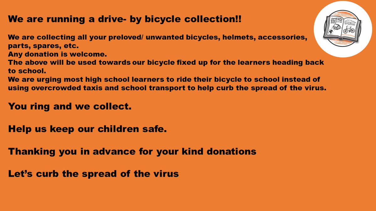 URGENT APPEAL 📢
We're in need of your unwanted bicycles, helmets, spares etc. We'll fix them up for H.S. learners to commute to school with to avoid overcrowded taxis &amp; scholar transport. All donations welcome &amp; we collect
📱0827205883
📱0732322229
📧 info@bicyclesbeyond.org.za