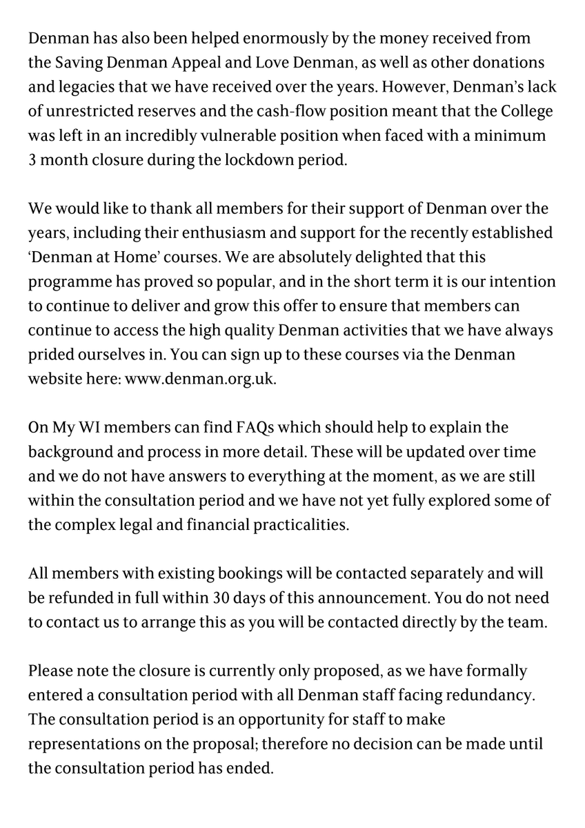 Women's Institute (@womensinstitute) on Twitter photo It is with great sadness that we share this news regarding our long established educational college, Denman. WI members can visit My WI to find FAQs about the proposed closure of Denman: mywi.thewi.org.uk/nfwi-news/arti…
Alternatively, email hq@nfwi.org.uk to request a copy of the FAQs. It is with great sadness that we share this news regarding our long established educational college, Denman. WI members can visit My WI to find FAQs about the proposed closure of Denman: mywi.thewi.org.uk/nfwi-news/arti…
Alternatively, email hq@nfwi.org.uk to request a copy of the FAQs.