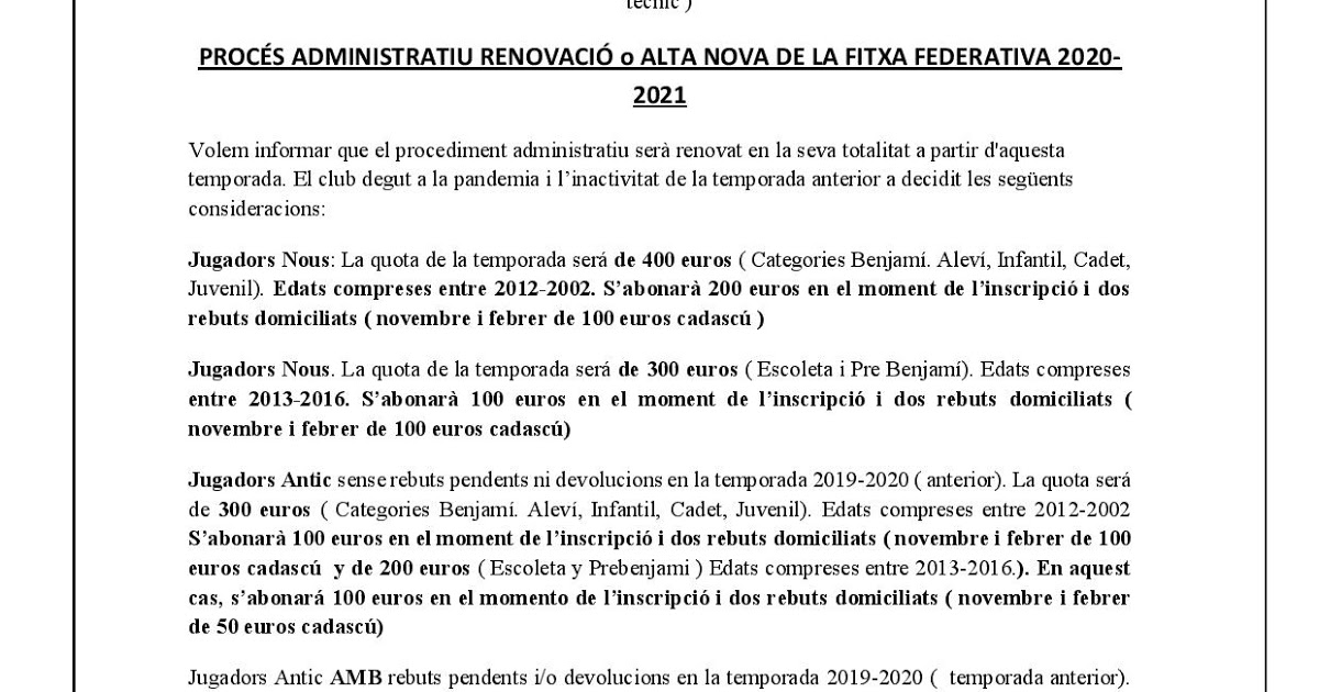 INFORMACIÓ SOBRE EL PROCÉS DE RENOVACIÓ TEMPORADA 2020/2021 dlvr.it/Rc7M9S