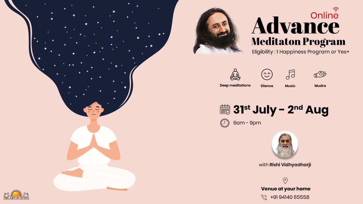 Rishividhyadhar's tweet photo. #Online #Part2Program #Advance #Meditation #Program #AMP #ArtOfSilence in the month of #July 2020 :
• 31st July-2nd August 2020.
• Venue : Your Home 🏠
• Eligibility : Should have done 1 Happiness Program or Yes+.
Contact : +91 94140 65558
#Dhyaan #Yoga #HappinessExpress https://t.co/2fm4NZyGRj