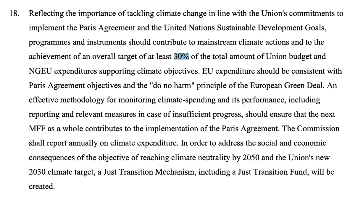 Based on overall €1.8tn, the 30% earmarked for climate could be worth €550bnAnd all spending should be "consistent" with Paris (whatever that means)But there's no detail on how the 30% figure will be monitored. Methodology for annual reporting TBC. https://www.consilium.europa.eu/media/45109/210720-euco-final-conclusions-en.pdf