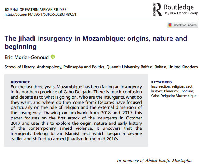 Islamism and politics intersect in three papers. First,  @emorier examines the emergence, early experience, and shift to violence by the Al-Shabaab sect in  #Mozambique.  https://www.tandfonline.com/doi/full/10.1080/17531055.2020.1789271