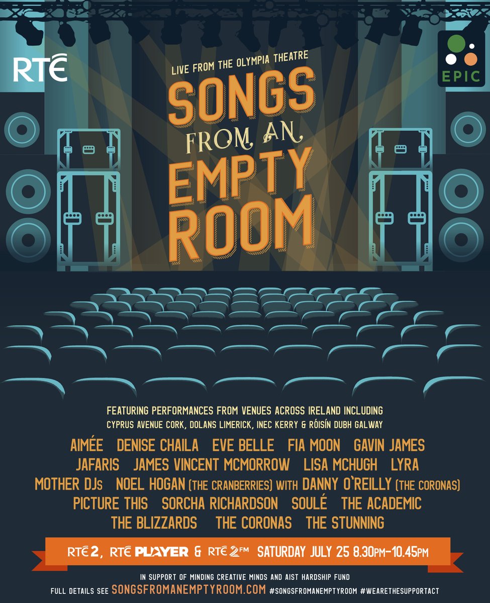 This Saturday, artists &amp; venues across the country have joined forces for #SongsFromAnEmptyRoom in support of live event industry crew whose livelihoods have been decimated by the pandemic.
 
Tune in this Saturday 8:30pm on <a href="/RTE2/">RTÉ2</a> @RTEPlayer
 &amp; <a href="/RTE2fm/">RTÉ 2FM</a> @WATSAire <a href="/Epic2020_Group/">EPIC WORKING GROUP</a>