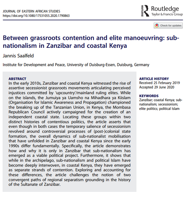 In his article, Jannis Saalfeld explores the interlinkages between 'sub-national' agendas and political Islam in coastal  #Kenya and  #Zanzibar.  https://www.tandfonline.com/doi/full/10.1080/17531055.2020.1790863