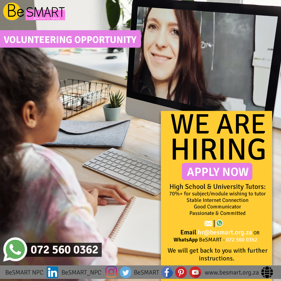 BeSMART_NPC's tweet photo. WE ARE HIRING - APPLY NOW!
Volunteering opportunity to contribute to the academic development of students around your community and the country at large.
#BeSMART #DigitalLearning #AtTheHeartOfLearning #BeSMARTWeAreHiring https://t.co/n6uEteCmU8