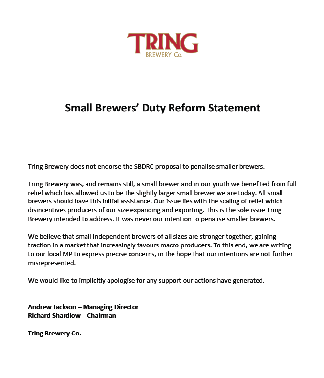SBDRC statement

Tring Brewery does not endorse SBDRC proposal's to penalise smaller brewers - we would like to implicitly apologise for any support our actions have generated.

We are now writing to our MP direct, in the hope that our intentions are not further misrepresented.