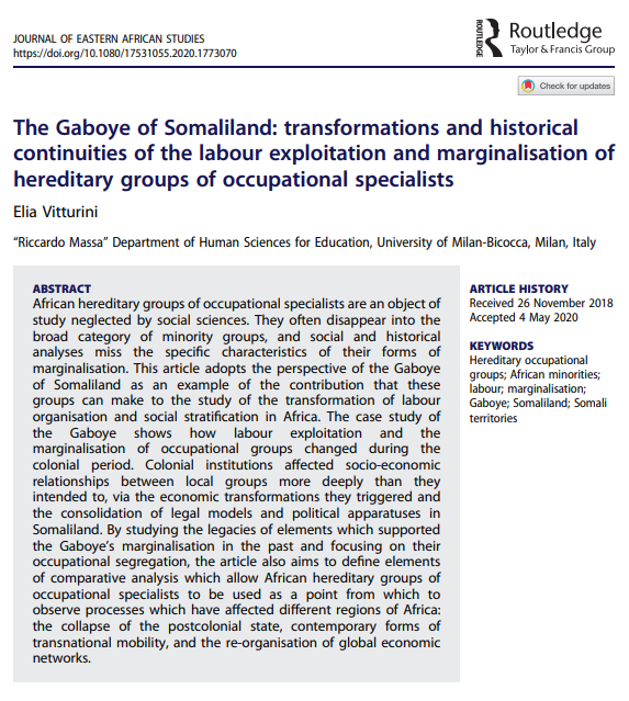 Marginality is unpacked in two cases from the Horn of Africa. First, Elia Vitturini connects the literatures on labour history and hereditary occupational groups, to examine the experience of the Gaboye in  #Somaliland. https://www.tandfonline.com/doi/full/10.1080/17531055.2020.1773070