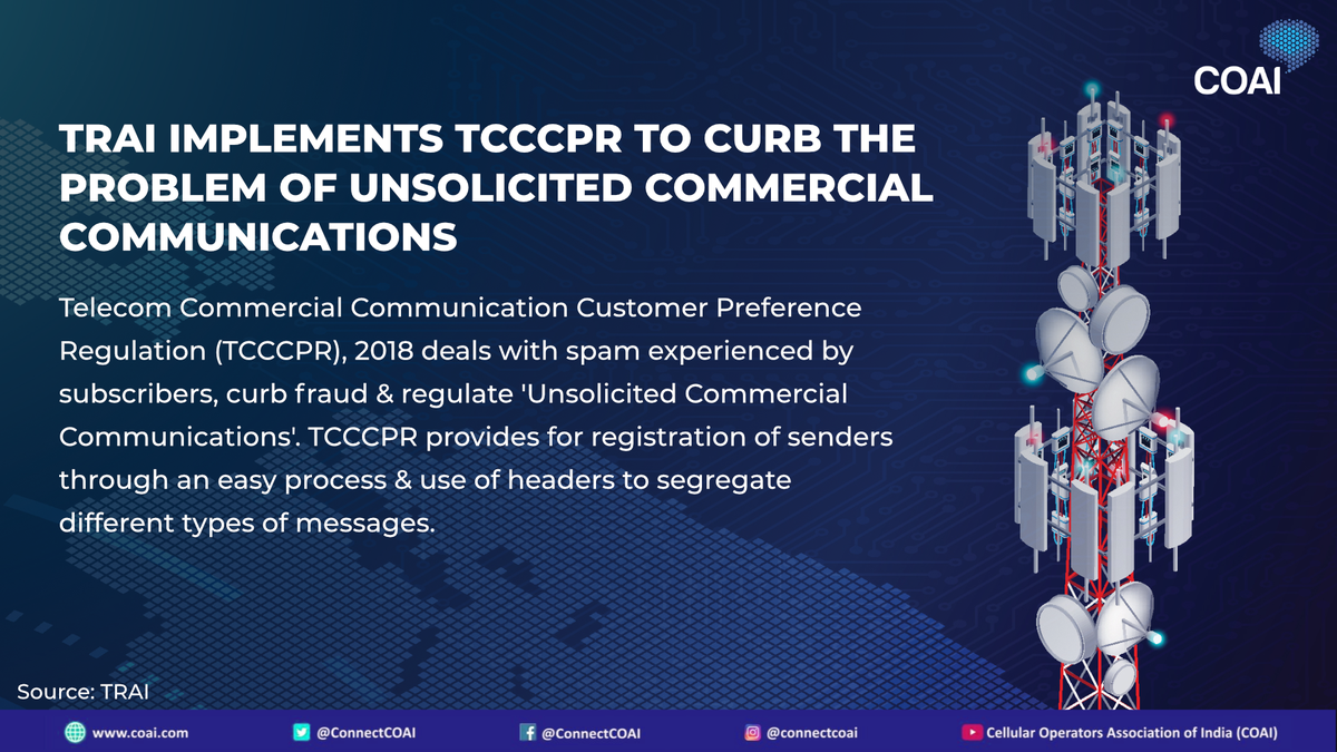 ConnectCOAI's tweet photo. .@TRAI has implemented #Telecom Commercial Communication Customer Preference Regulation (TCCCPR), 2018 to curb and regulate the problem of Unsolicited Commercial #Communications. @rssharma3 @DoT_India @airtelindia @VodaIdea_NEWS @reliancejio @rsprasad #TCCCPR https://t.co/4O83Ypm3Lg