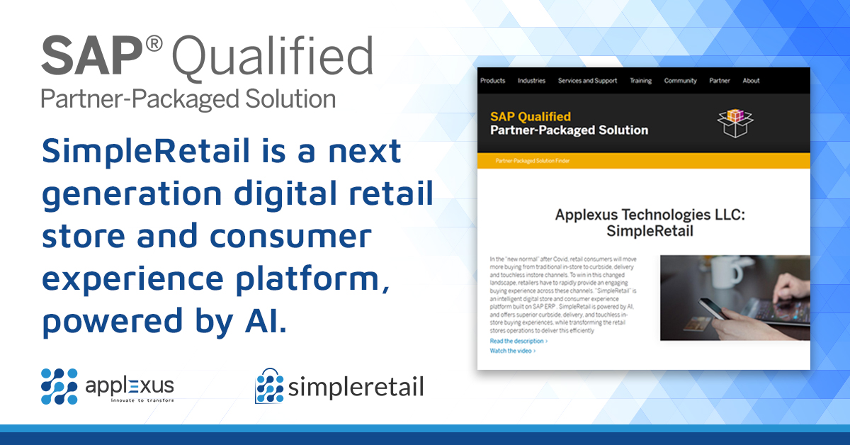 Applexus's tweet photo. SimpleRetail is now officially recognized as an “SAP Qualified Partner-Packaged Solution for S/4HANA” & "Point Solutions".
👉Visit here: https://t.co/sFxyaZs9d0
#SAP #SimpleRetail #S4HANA #Curbside #HomeDelivery #BOPIS https://t.co/zEZlVkaj76
