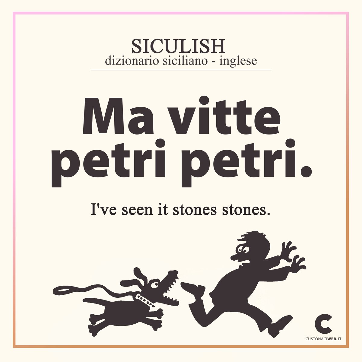 custonaciweb_it's tweet photo. #Siculish
SIC Modu di riri pi fari accapiri comu superari megghiu si pò un pirimento o un piriculu.
ENG Phrase to express the best overcoming of an obstacle or danger.
ITA Locuzione per esprimere il superamento alla meglio di un ostacolo o di un pericolo https://t.co/jarsUY5hYo