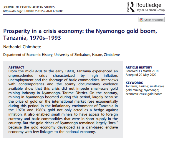 In his paper, Nathaniel Chimhete explores the counter-intuitive pursuit of prosperity in the small-scale gold mining sector from the late 1970s to early 1990s, while other parts of  #Tanzania's economy were under pressure. https://www.tandfonline.com/doi/full/10.1080/17531055.2020.1774706