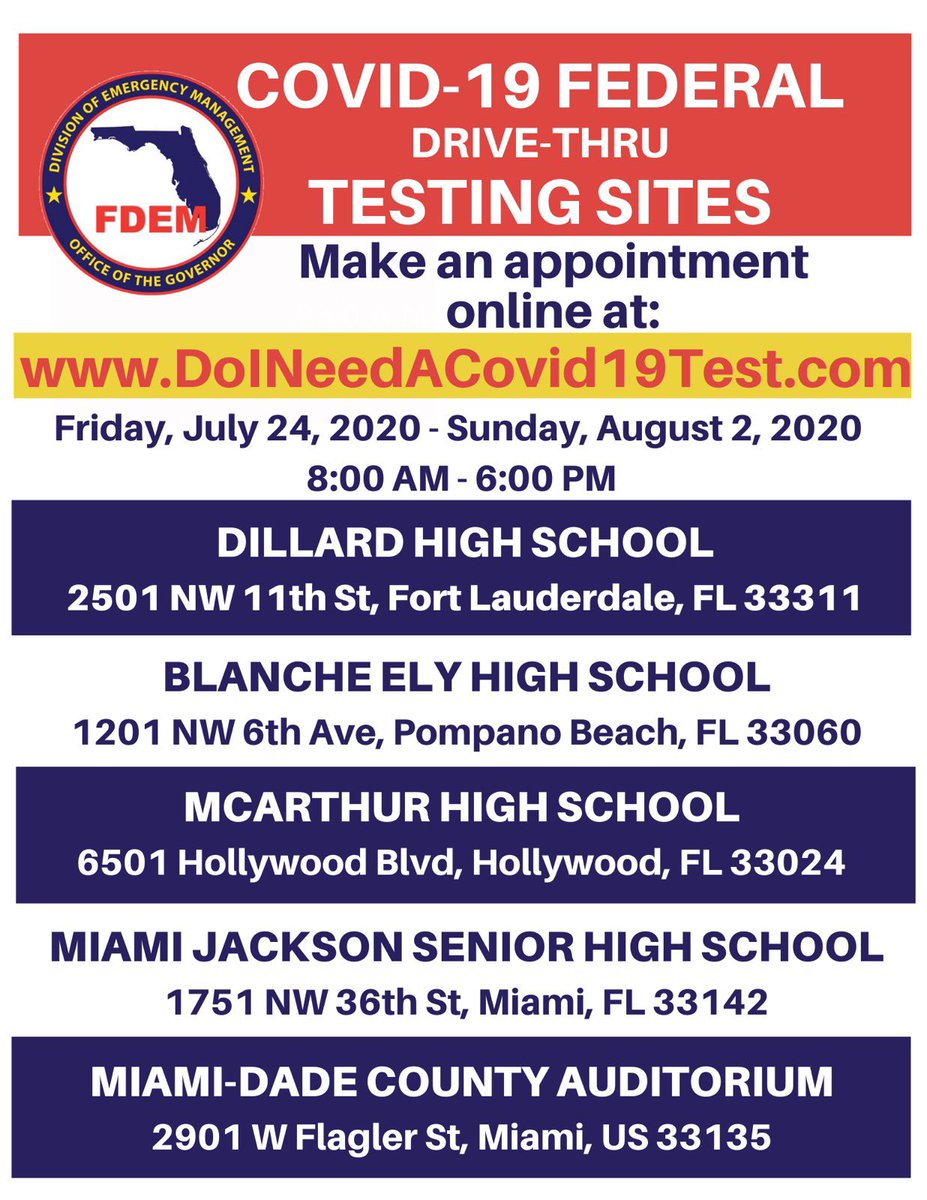 FloridaPIOs's tweet photo. 5 Drive-Thru Federal #COVID19 testing sites open in Broward and Miami-Dade counties on Friday 7/24. They will be open until Sunday, 8/2 and can test ages 5+.

You will be able to book an appointment soon. Follow this Twitter feed for the latest updates. https://t.co/vikZpsBYBB https://t.co/4sGs331kKT