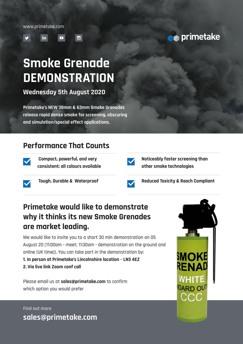 Primetake's tweet photo. Join us at 11am on Wednesday 5th August, via Zoom or at our Lincolnshire location, for a demonstration of Primetake's NEW 38mm & 63mm Smoke Grenade! #PerformanceThatCounts
#Primetake #Grenade #Grenades #Military #SmokeGrenade #SmokeGrenades #GrenadeTraining #Smoke #Demo https://t.co/3InZSyvgoT