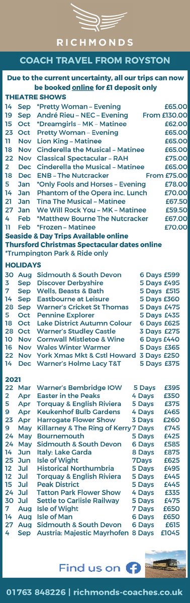 In addition to theatre tips, holidays &amp; day trips 
<a href="/Richmondscoach/">Richmonds</a> introduce, New! London Daily Special, for City of London and the West End. coachtours.richmonds-coaches.co.uk or call 01763 848226

#RichmondsCoaches #CoachTravel #DayTrips #Holidays #TheatreTrips  #StaySafe #OpenForBusiness