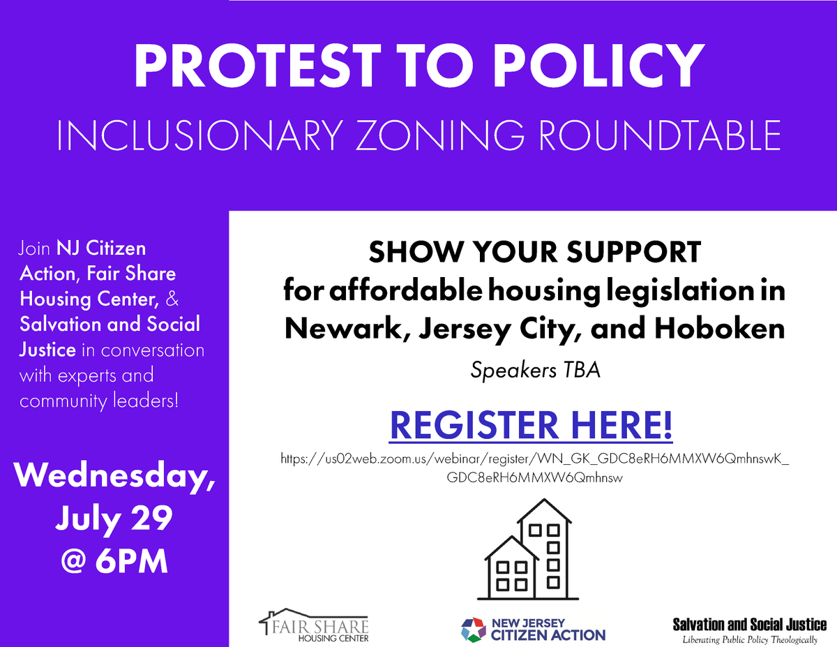 FairShareNJ's tweet photo. #SaveTheDate Wednesday, July 29th we’re planning something BIG with @NJCitizenAction &amp; @SandSJ_NJ.

Register now and join our Inclusionary Zoning Roundtable: https://t.co/EmmqIOl6kg #ProtestToPolicy https://t.co/GQcDhQyKhB