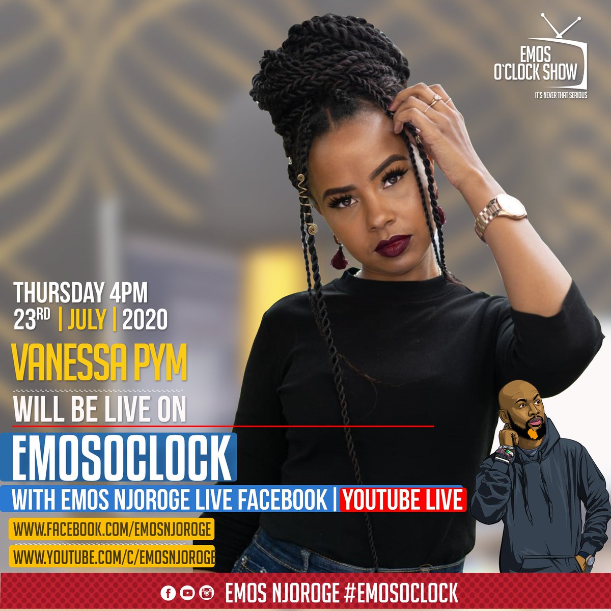 EmosNjoroge's tweet photo. This will be Amazing ๐ @vanessapymmusic will be joining me tomorrow at 4pm (Thursday) On Emos O'clock Show...Streaming live on Facebook and YouTube (Emos Njoroge)
#emosoclock
#EmosOclockShow #favouritehost https://t.co/wgZFg43RYr