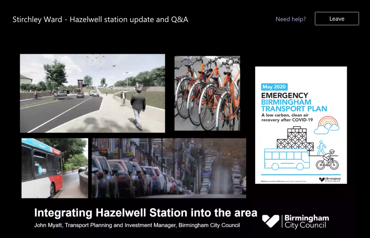 Okay, next up John Myatt from  @BhamCityCouncil talking about integrating Hazelwell Station into the area. Their colleague Tim is also dialled into the meeting.