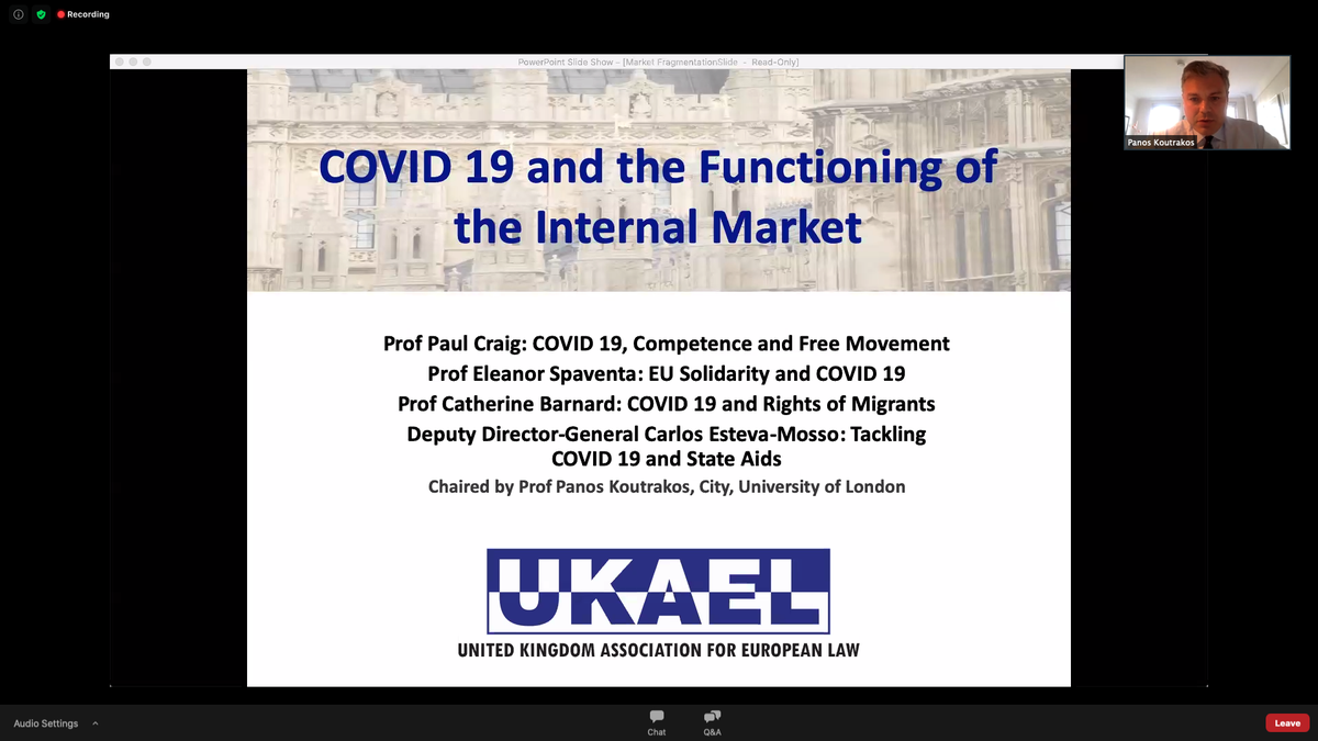CityLaw_ISEL's tweet photo. Currently with @ukaelblog webinar on implications of dealing with #Covid19 in the #EUinternalmarket chaired by @panoskoutrakos_ @CityLawSchool with a whole host of fantastic panellists! https://t.co/oEjcQqI1wH