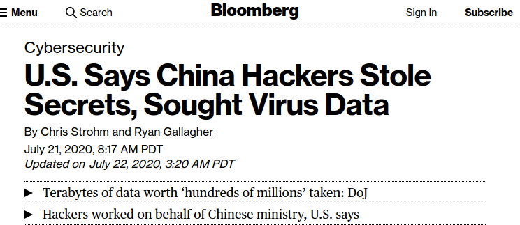 existentialcoms's tweet photo. This is one of the most bizarre, dystopia articles I've seen, as Bloomberg cartoonishly tries to paint Chinese hackers who stole COVID-19 research as the bad guys, and not our private companies who refuse to share data in a pandemic so they can monopolize a vaccine for profit. https://t.co/CdFiSg3mH3