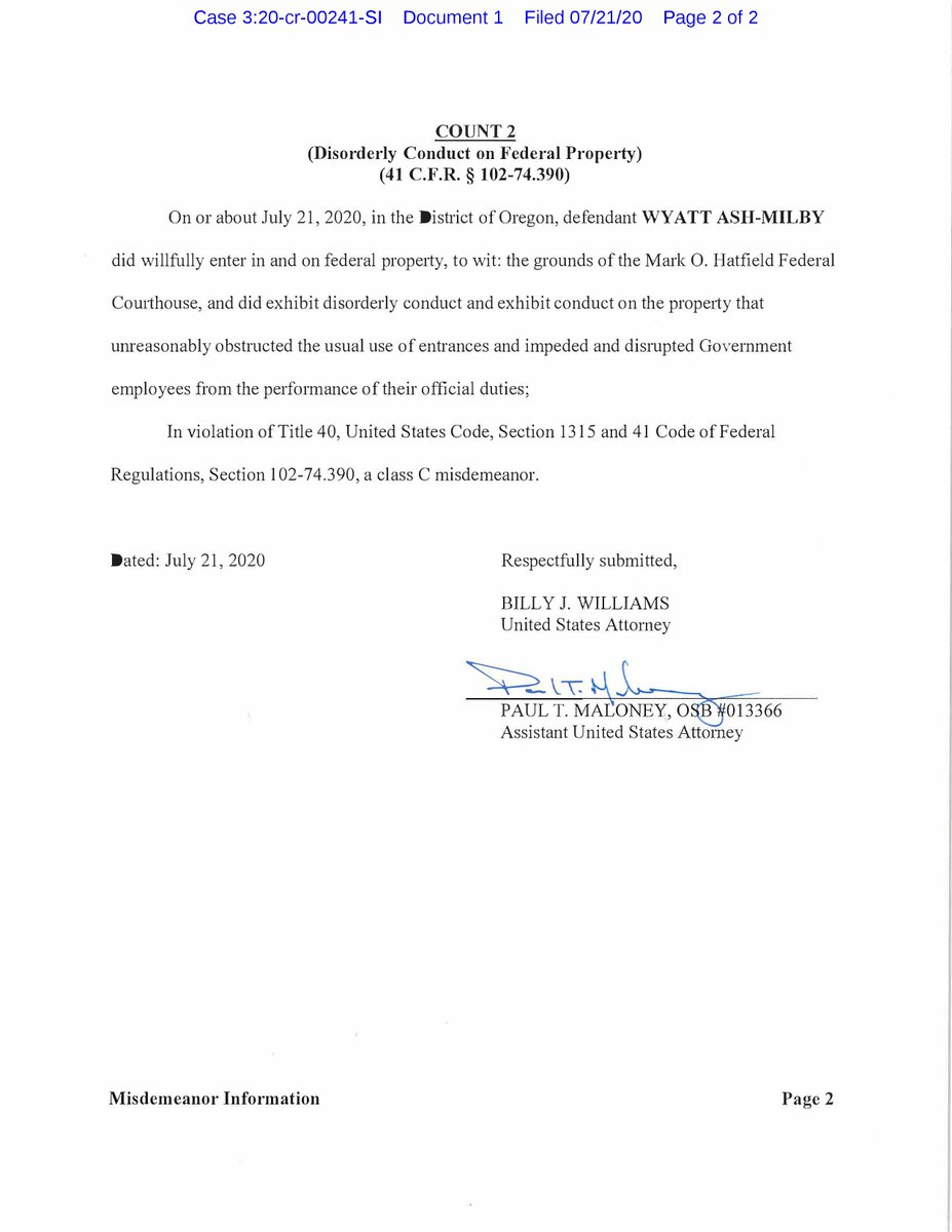 Charges filed against a third person for failing to obey a lawful order and disorderly conduct on federal property:  https://www.courtlistener.com/recap/gov.uscourts.ord.153665/gov.uscourts.ord.153665.1.0.pdf