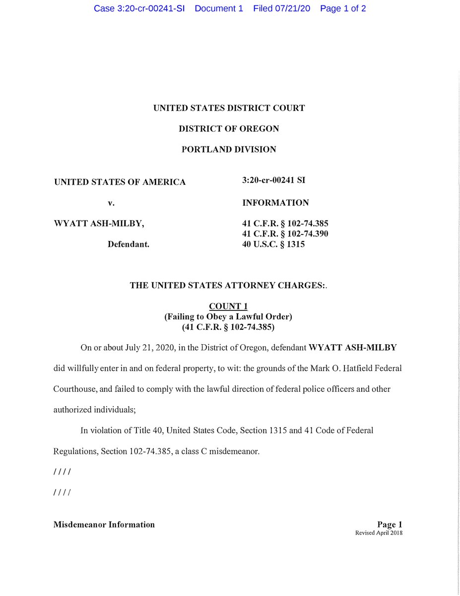 Charges filed against a third person for failing to obey a lawful order and disorderly conduct on federal property:  https://www.courtlistener.com/recap/gov.uscourts.ord.153665/gov.uscourts.ord.153665.1.0.pdf