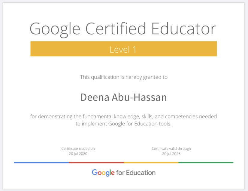 DeenaHass's tweet photo. So excited! I just passed my Google Level 1 exam! Thank you to so many people for inspiring and helping me along the way. Biggest shout out to my    Friend and Google genius @TechyLeaderEDU 💛 Thanks@GlobalGEG @AmmanGEG @mrshowell24 @Rangathetrainer @pertuzluisfer @Amber_A_Trout https://t.co/AYWLCYrHkN