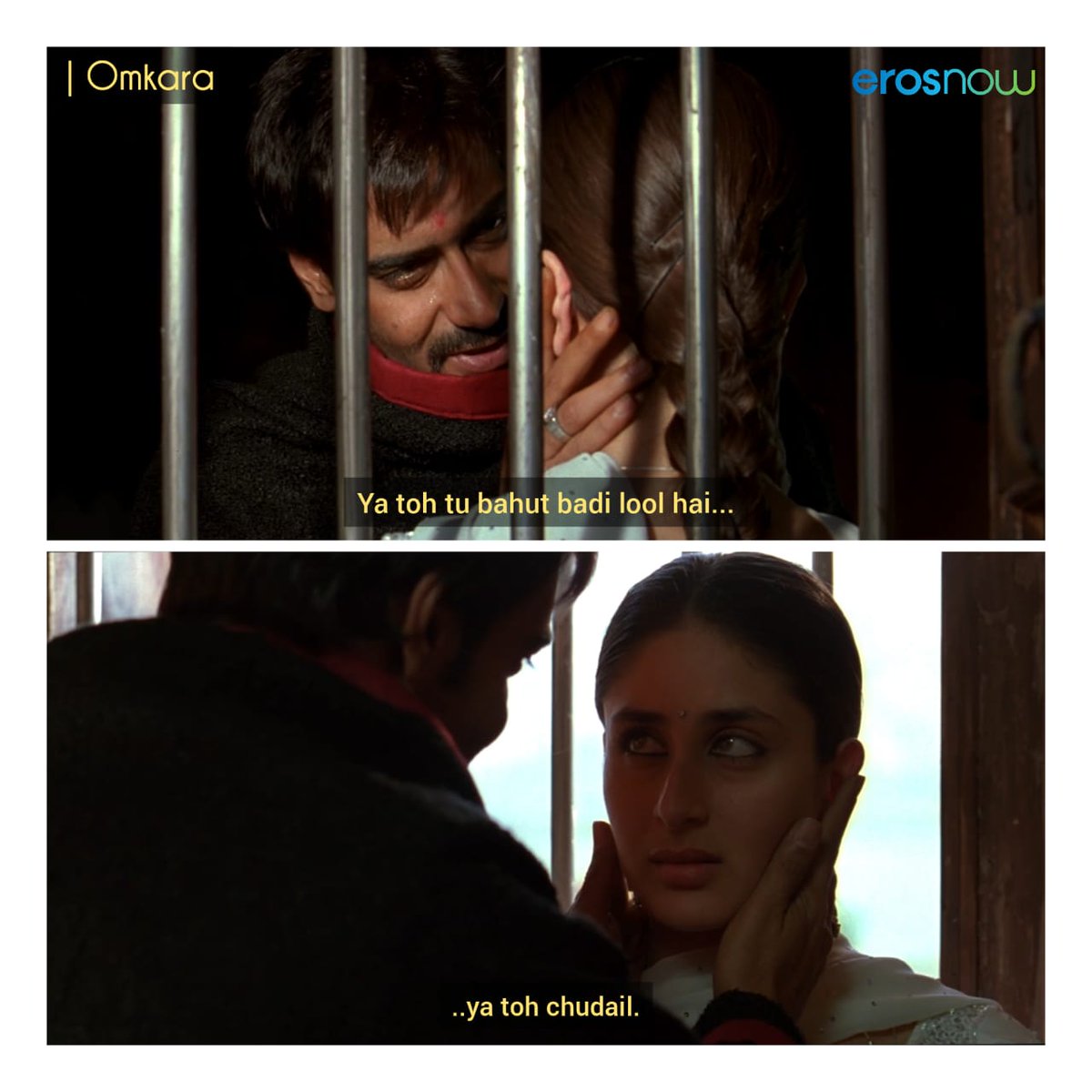 As Omkara’s ( @ajaydevgn) stormy eyes brim with love and then suspicion for his beloved Dolly (Kareena Kapoor Khan), it is the human heart’s oldest frailty that finds expression in  @VishalBhardwaj’s seminal adaptation of Shakespeare’s 𝘖𝘵𝘩𝘦𝘭𝘭𝘰—insecurity. (2/10)