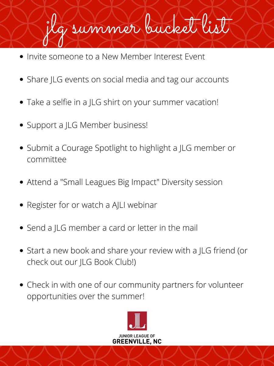 We’re halfway through the summer ☀️ and it feels like a good time to work on our “JLG Summer Bucket List”! Members, we would love to see how you’re checking off some items this summer and staying engaged with our league ❤️
