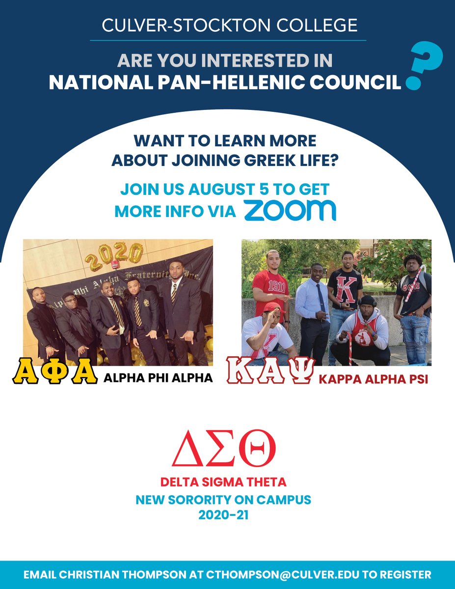 CSC1853's tweet photo. Are you interested in joining a fraternity or sorority here on “the Hill?” There will be three sessions held via Zoom for students to learn more information. Contact Christian Thompson, Coordinator of Fraternity and Sorority Life at cthompson@culver.edu to register. #GoWildcats https://t.co/Fip4FQx49M