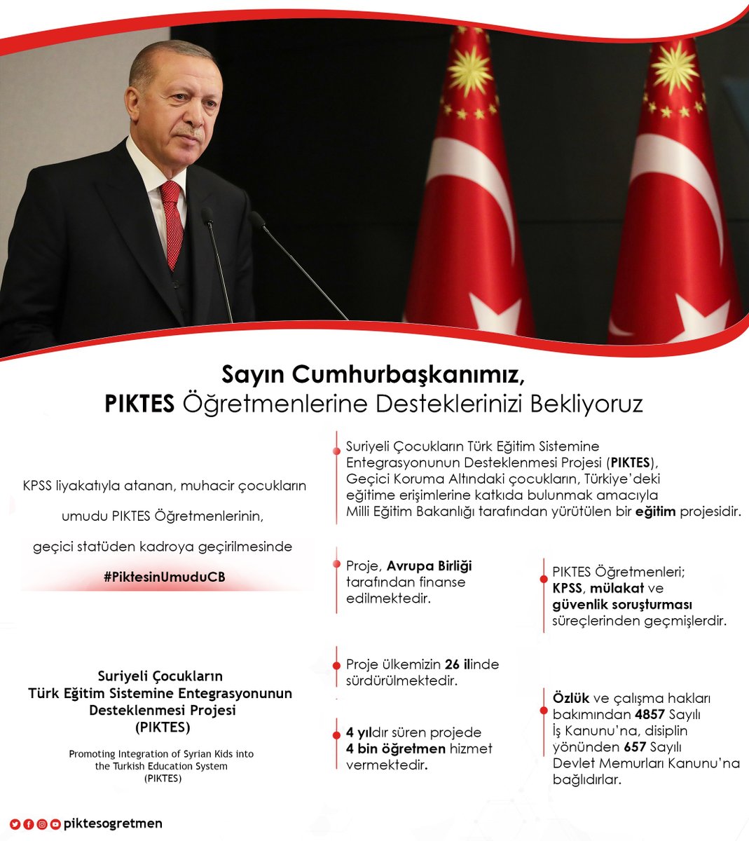 piktesogretmen's tweet photo. Sayın Cumhurbaşkanımız @RTErdogan,
Ülkemizdeki sığınmacıların maddi manevi destekçisi, devletimizin mazluma uzanan eli olan PIKTES Öğretmenleri olarak hizmetimizin kadro ile taçlanması için müjde bekliyoruz. Arz ederiz.

@ziyaselcuk 
@BeratAlbayrak 

#PikteseMüjdeCBaşkanım https://t.co/4hXAKtmPl2