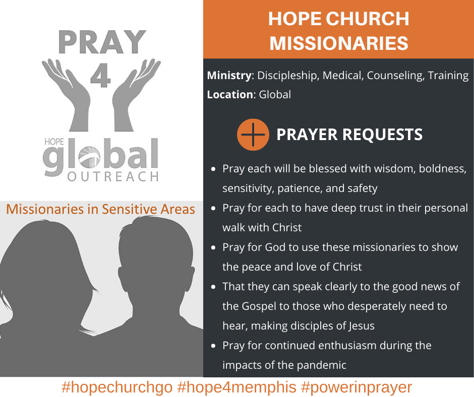 HopeChurchGO's tweet photo. PRAY4GO Weekly Partner Prayer. Join us in prayer for our Hope Church Missionaries serving around the world. #hopechurchgo #hope4memphis #powerinprayer https://t.co/vrsiMtUfs2