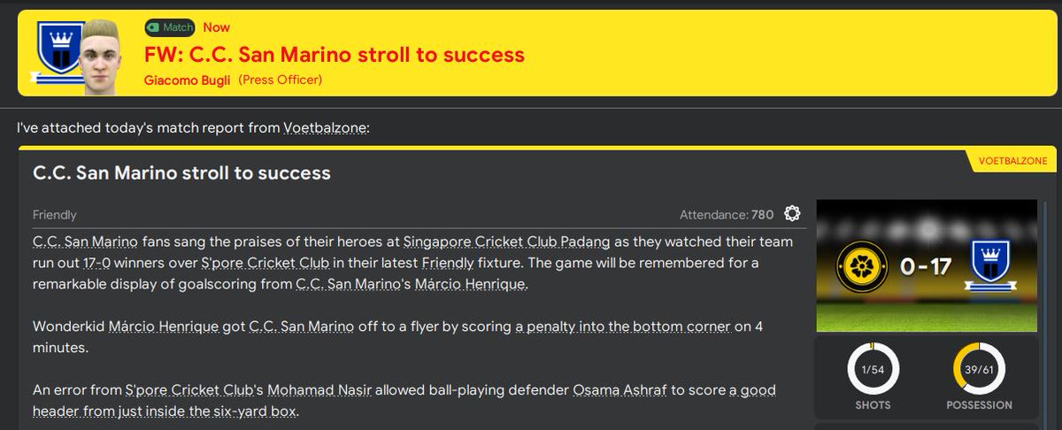 The opposition was truly terrible, but pretty happy with generating 54 shots in the match and picking up the solid 17-0 win in our pre-season friendly. Definitely our biggest ever win...  #FM20