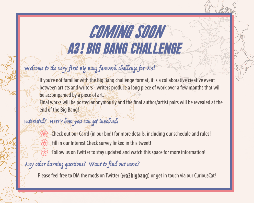 a3bigbang's tweet photo. [RTs appreciated!💕] A quick overview of the A3! Big Bang Challenge, coming soon - we hope you join us as an artist, writer or beta! 

Fill in our interest check here before sign-ups open: https://t.co/sQWr88Mk0I

Questions? Drop a reply, DM, or head over to our CC (in pinned!) https://t.co/6yw0Cio6iw