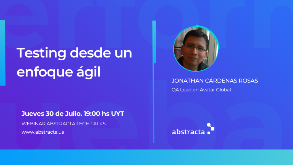 AbstractaLatam's tweet photo. 📣 #AbstractaTechTalks trae un nuevo #webinar junto a Jonathan Cárdenas, QA Lead en @AvatarSAC 🇵🇪 → Testing desde un enfoque ágil.

📝 Registro gratuito: https://t.co/MKuoqTLA6P
🗓 30.07.20
🕕 18 h #Chile

¡No te lo pierdas! 😉

#AgileTesting #TestingExploratorio #Automatización https://t.co/Cm4TFbIIHL