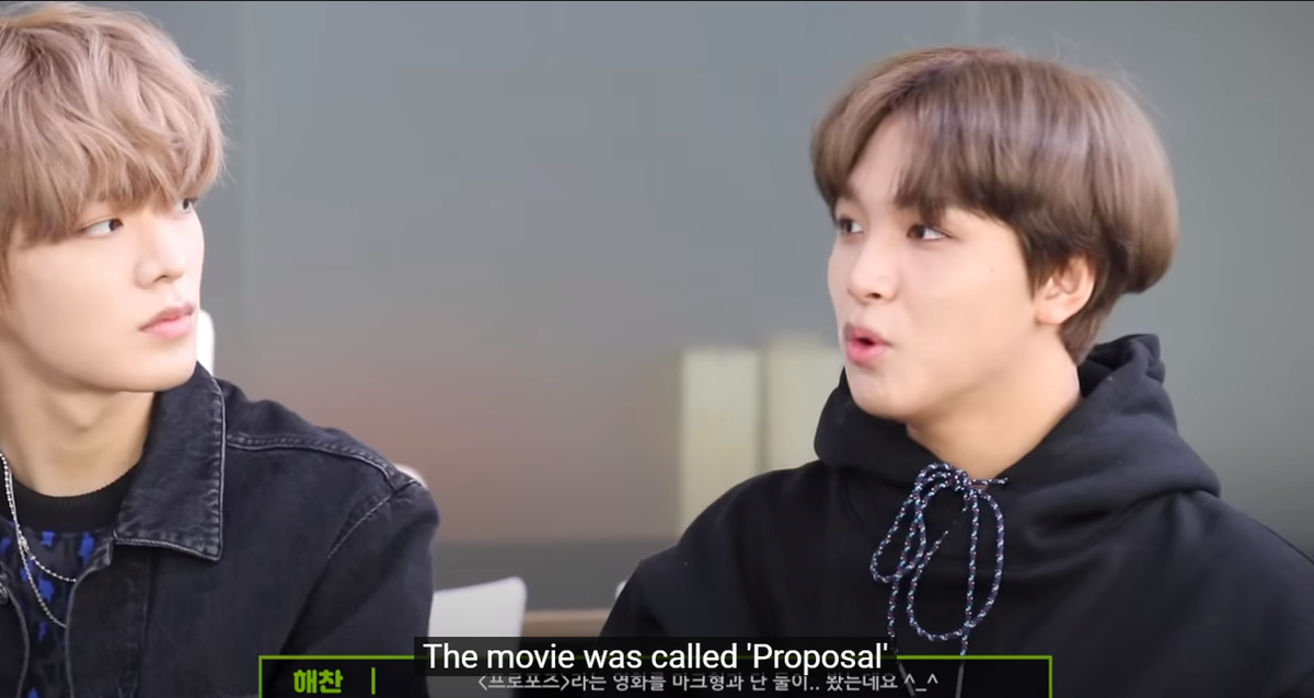 [NCT TMI / Seasonies Like This 127 Ep. 3 181105 (uploaded)] The Proposal Movie Date  #MarkHyuckMark’s TMI (he was not present) is that he recently had down time in the dorm. He ate bibimyeon, samgyupsal, tofu stew, and kimchi. And watched The Proposal with Haechan.