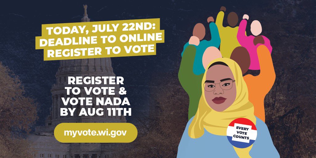 VOTING ACCESS ALERT: Today is the last day to register *online* for the August 11th primary election. You can still register in person during Early Voting or on Election Day.

Click the link, register to vote &amp; vote Nada Elmikashfi by Aug 11th!

myvote.wi.gov