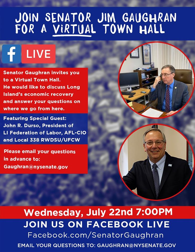 Gaughran4LI's tweet photo. 🚨TONIGHT: Our #VirtualTownHall to discuss Long Island’s economic recovery and answer your questions on where we go from here. Featuring Special Guest: @jrd214President of @LIFEDofLABOR & @Local338
#TownHallProject https://t.co/GSNoZiCeWI