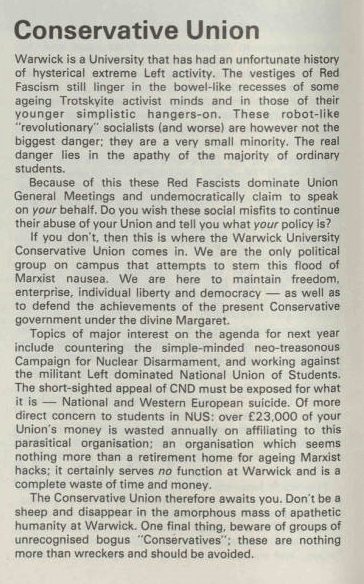 ArachnidDroves's tweet photo. This Conservative Union bit in a 1982 student union handbook is really something https://t.co/PVsKCn6jx3