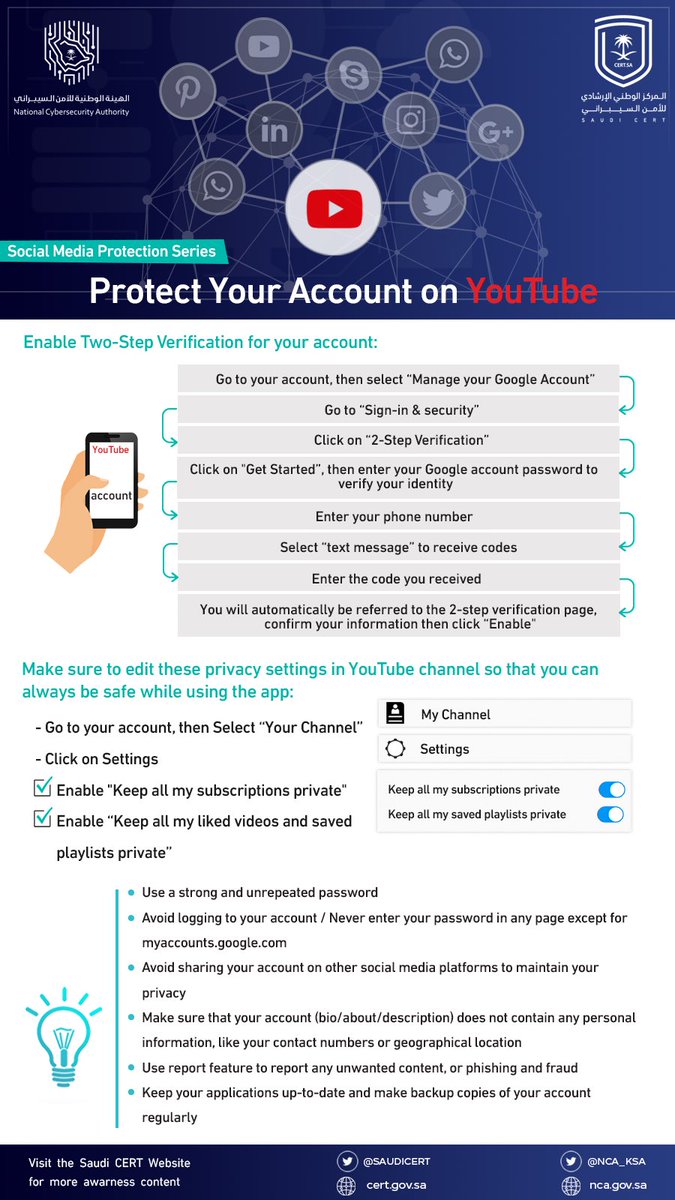 SAUDICERT's tweet photo. Today's post in the #social_media series📱🛡is about how to protect your #YouTube accounts🎦🔐

https://t.co/AYq5uRAjlN

#Security_Awareness 
#Cybersecurity https://t.co/GH0bMze1r9