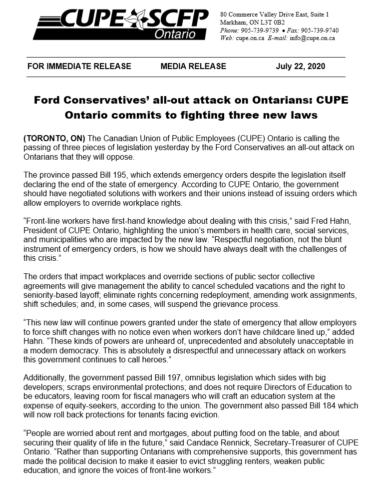 CUPEOntario's tweet photo. FOR IMMEDIATE RELEASE: Ford Conservatives’ all-out attack on Ontarians: CUPE Ontario commits to fighting three new laws. 

@FredHahnCUPE @CandaceRennick https://t.co/Cr7VBiOOtX