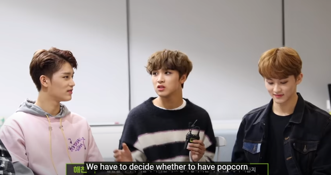 [NCT TMI / Seasonies Like This 127 Ep. 5 181119 (uploaded)] (1/2) Haechan watches what Mark prefers  #MarkHyuckHaechan’s TMI: It was cold that time and makes him more appreciate time indoors. They reserved movie tickets every day (?) but it gets cancelled.