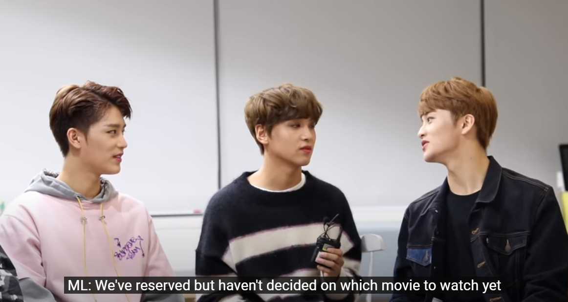 [NCT TMI / Seasonies Like This 127 Ep. 5 181119 (uploaded)] (1/2) Haechan watches what Mark prefers  #MarkHyuckHaechan’s TMI: It was cold that time and makes him more appreciate time indoors. They reserved movie tickets every day (?) but it gets cancelled.