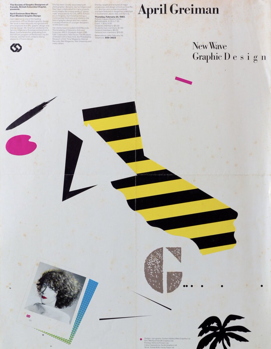 ColinC_Design's tweet photo. GDCBC presents April Greiman, 1983
Design: Graham Walker/West Graphika
Printing: Hemlock Printers
Film: Reinhard Derreth Graphics
Colour Separations: Zenith Graphics
#AprilGreiman @gdcbc @GDCNational @hemlockprinters https://t.co/OLL3Kn2nDg