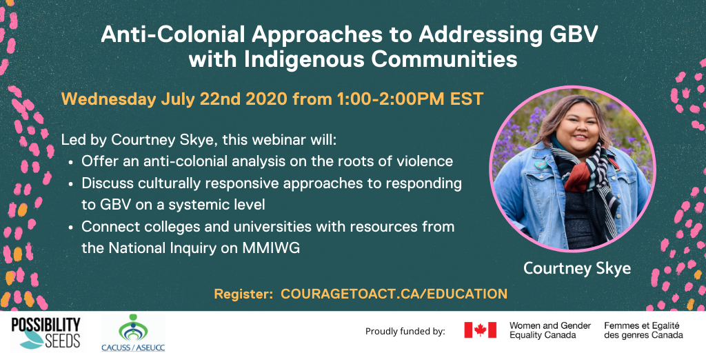 Welcome all to our monthly webinar! Today we are joined by Courtney Skye ( @mohawkemotions) who will be discussing anti-colonial approaches to addressing GBV with Indigenous communities. Live tweet thread starts here  #IHavetheCourageToAct  #CourageToActPSI  #SAPro