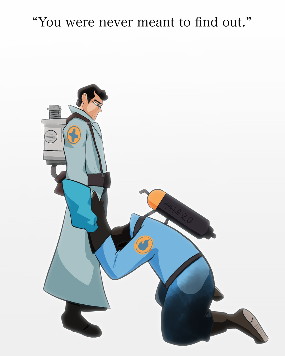 decktech_'s tweet photo. under the orders of the announcer, medic and engineer were ordered to build a custom mask for the pyro to manipulate him into murder. one day pyrovision wore off and he cried
#tf2 #tf2blu #tf2red #tf2medic #tf2pyro #tf2engineer #teamfortress2 #tf2art #tf2artwork #tf2artist https://t.co/BHzlPUsSyS