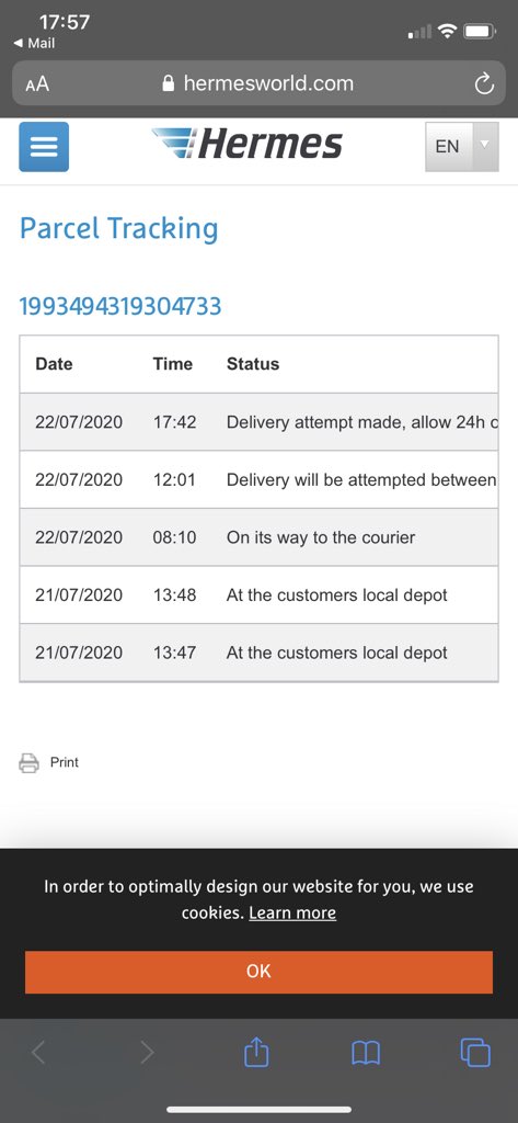 cazzamuff's tweet photo. @Hermesparcels Well this was a lie! I’m literally sitting next to the front door in my living room. Worst delivery company ever! Courier clearly couldn’t be bothered! When will I be able to get my parcel then? https://t.co/sqryMjKZ6c